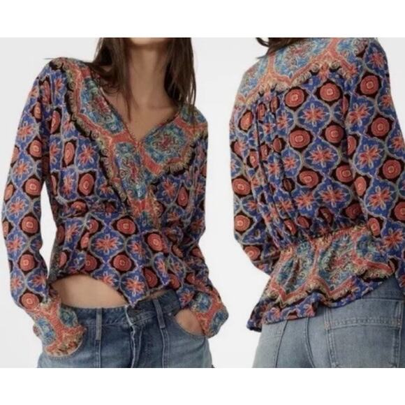 Free People Falling For You Long Sleeve Top in Blue and Red size XS - Picture 3 of 4